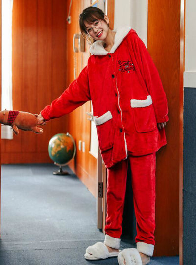 Christmas Reindeer Long Robe Lovely Winter Coral Fleece