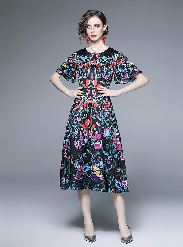 Printed Lotus Leaf Sleeves Dress