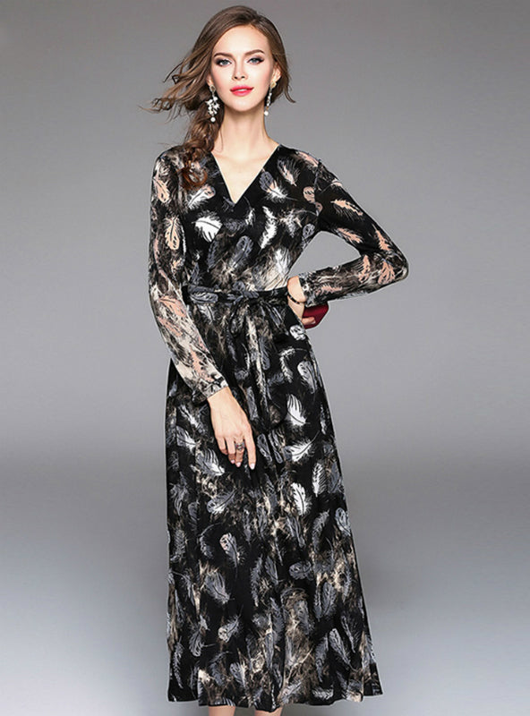 Velvet Calf-Length Dress V-Neck A-Line Party Dress 