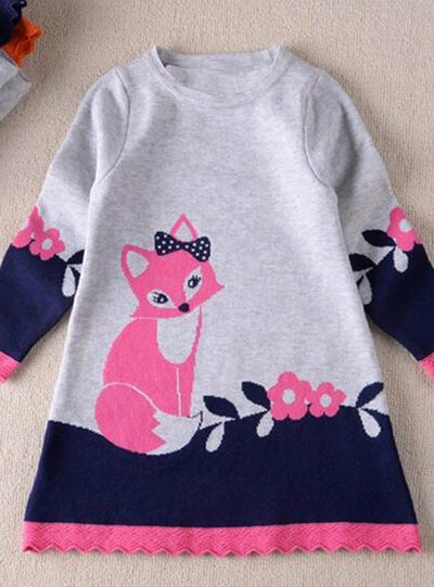 A-line fox Sweater Dresses Knitted Long Sleeve O Neck