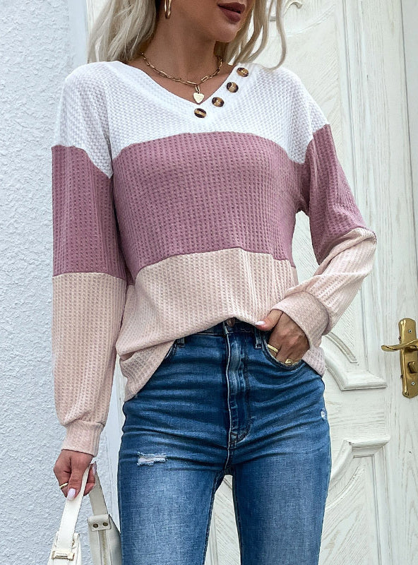 Long-sleeved Color Matching V-neck Top