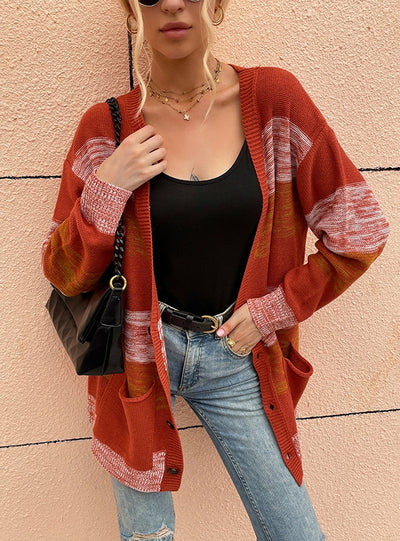 Women Striped Button Sweater Coat