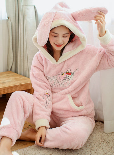 Pink Hooded Leopard Fur Pajamas Women Winter Flannel