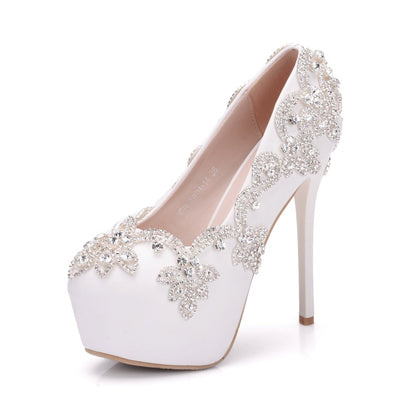 White Rhinestone Waterproof Platform Wedding Shoes