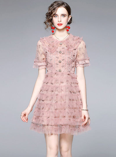 Women Embroidered Ruffled Lace Dress