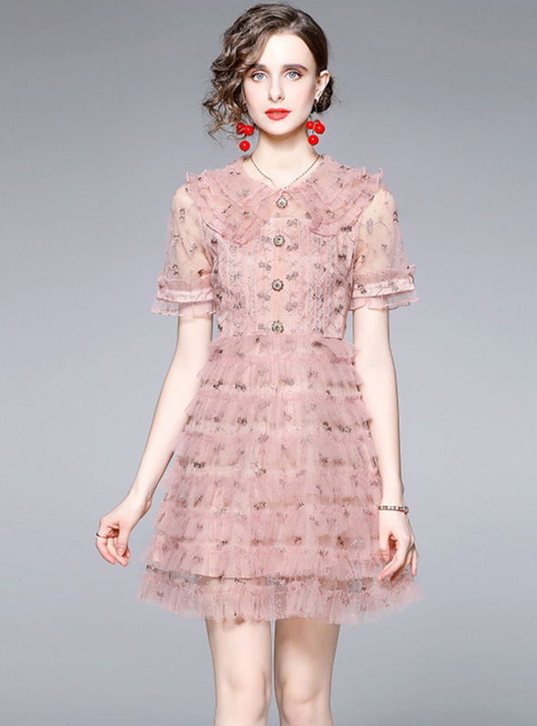 Women Embroidered Ruffled Lace Dress