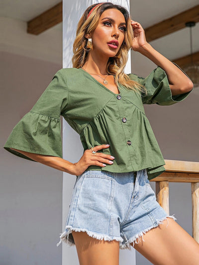 Loose V-neck Single-breasted Shirt Top