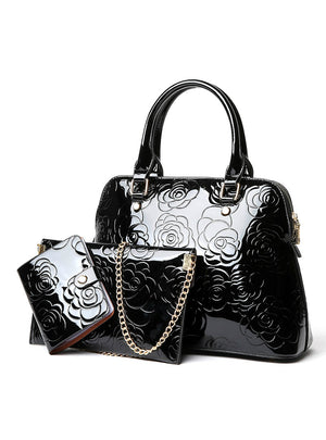PU Leather Women Bags Floral Printing 3pcs