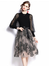 Black Mesh Stitching Long Sleeve Dress