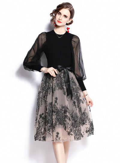 Black Mesh Stitching Long Sleeve Dress