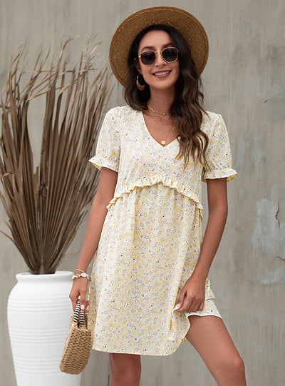 Loose V-neck Wood Ear Print Dress