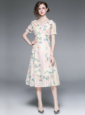 Hollow Lace Embroidered Waist Print Dress