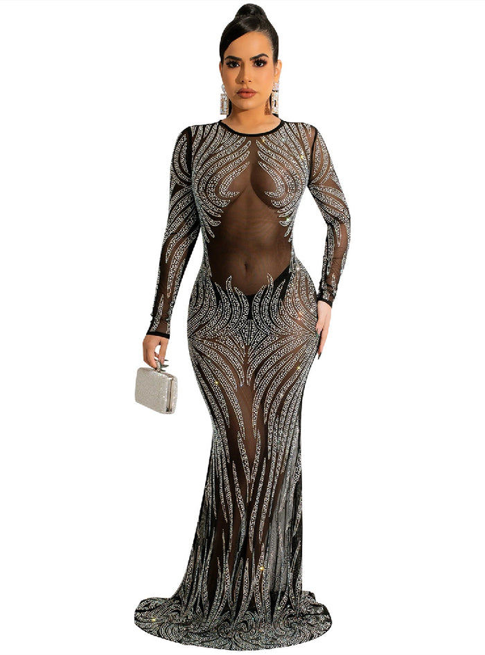 Sexy Hot Drilling Gauze Perspective Long Sleeve Dress