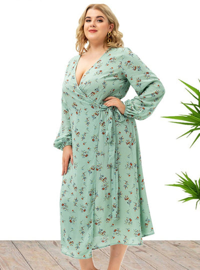 Large Size Women's Long Sleeve Floral Split Dress