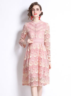 Lace Long Sleeve Stand Collar Dress