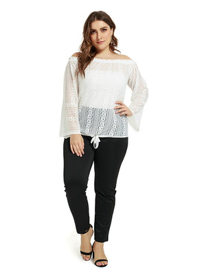Off the Shoulder Splicing Perspective Solid Color Lace Top