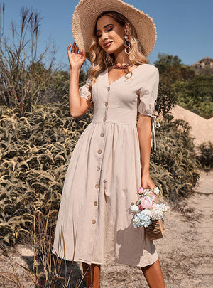 Medium-length Cotton Linen Button V-neck Short Sleeve Dress