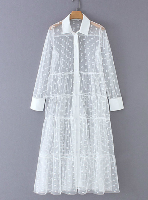 Women Stylish Polka Dot Patchwork Transparent Midi Shirt Dress
