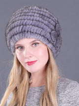 Ladies Mink Wool Knitted Hat Flower Decoration