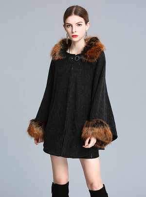 Knitted Shawl Cloak Imitating Fox Fur Collar Bat Sleeve