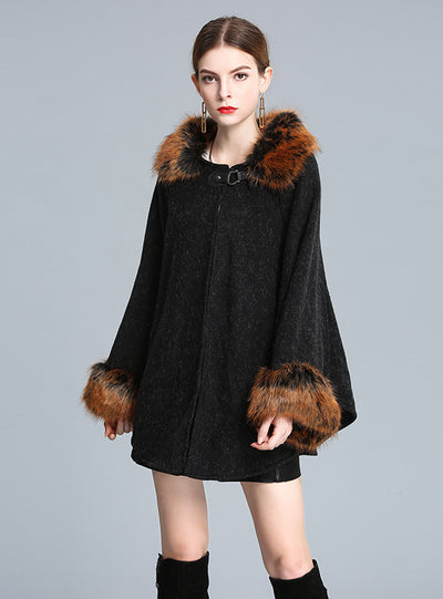 Knitted Shawl Cloak Imitating Fox Fur Collar Bat Sleeve