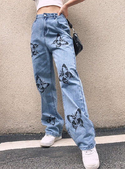 Women Printed Butterfly Jeans Female