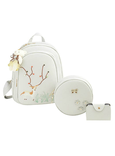3pcs/Set Deer Embroidery Mini Backpack Women