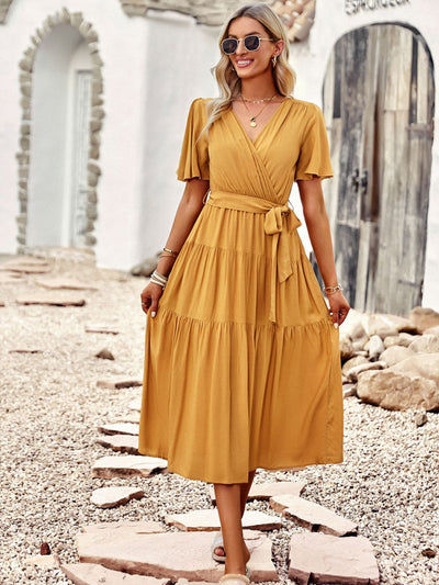 Short Sleeve V-neck Chest-wrapped Dress