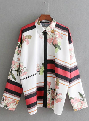 Hit Color Striped Flower Print Kimono Shirt Blouse 