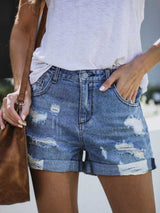 Hemmed Holes Denim Shorts