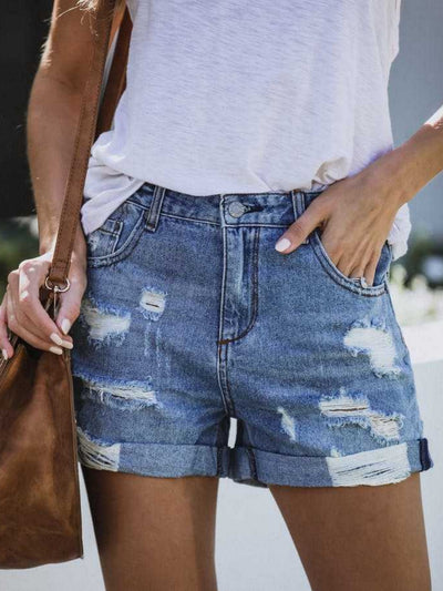 Hemmed Holes Denim Shorts