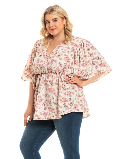 Flying Sleeve Loose V-neck Blouse For Ladies