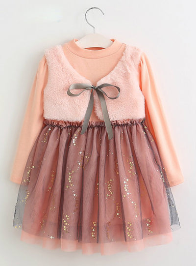 Princess Dress Pink Long Sleeve Wool Bow