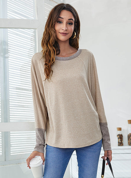 Patchwork Color Casual Loose Bat Sleeve T-shirt