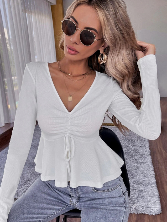 V-neck Pleated Ruffled Long Sleeve T-shirt