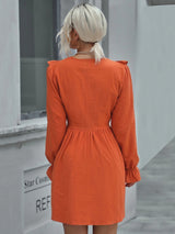 Long Sleeve V-neck Solid Color Dress