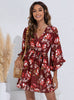 Women's V-neck Print Belt Flounce Dress
