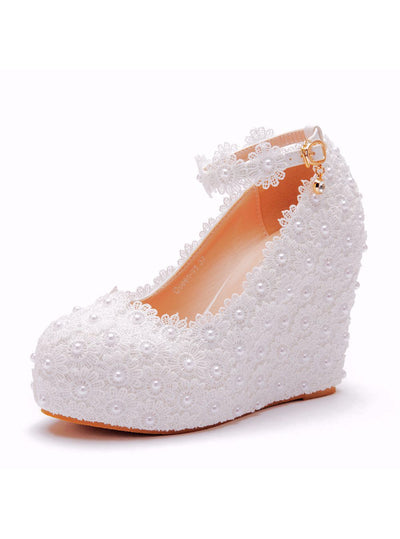 White Lace Wedges Wedding Shoes