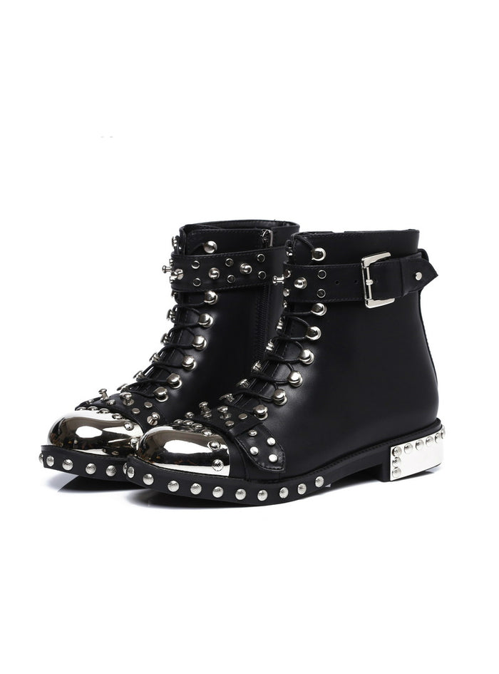 Black Flats Genuine Leather Studded Lace Up Ankle Boots