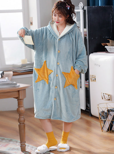 Star Winter Coral Velvet Bathrobe Extended Thick Flannel