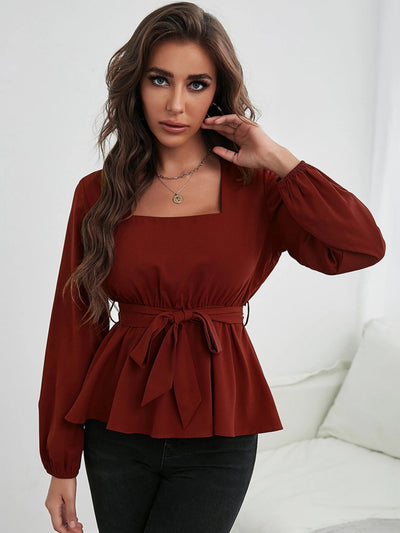 Square Neck Elastic Waist Ruffled Long Sleeve Shirt