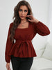 Square Neck Elastic Waist Ruffled Long Sleeve Shirt