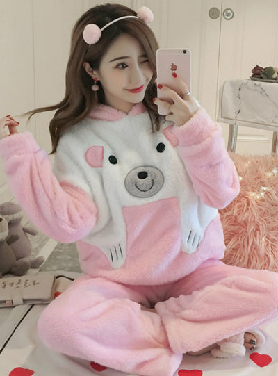 Pink And White Bear Long Sleeve Women Velvet Suit