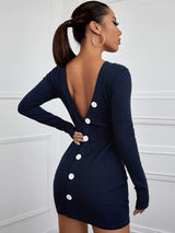 Sexy Backless Round Neck Button Knit Dress