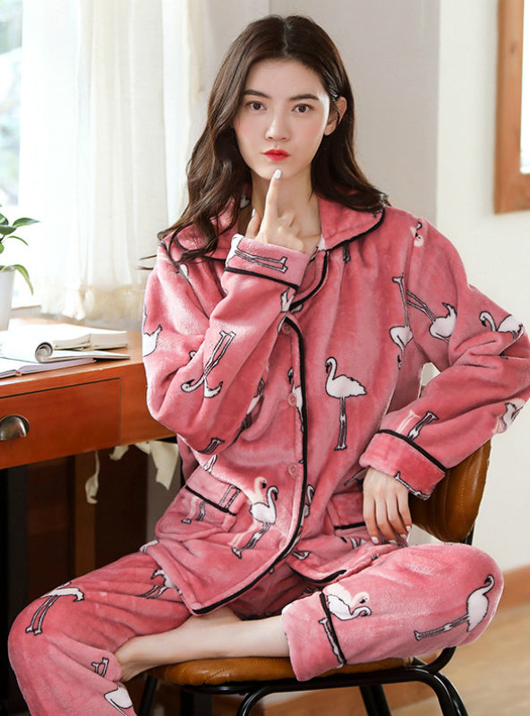 Pink Flamingo Pajamas Thickened Warm Flannel Pajamas
