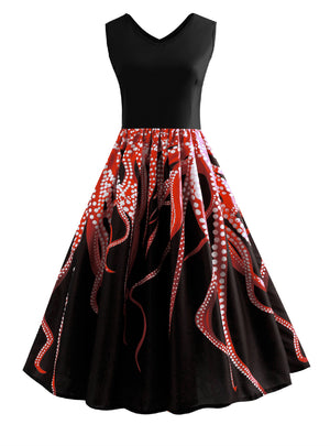 A-Line Print V-neck Vintage Dress