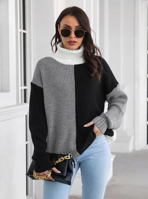 Color Matching Turtleneck Long Sleeve Knitted Sweater