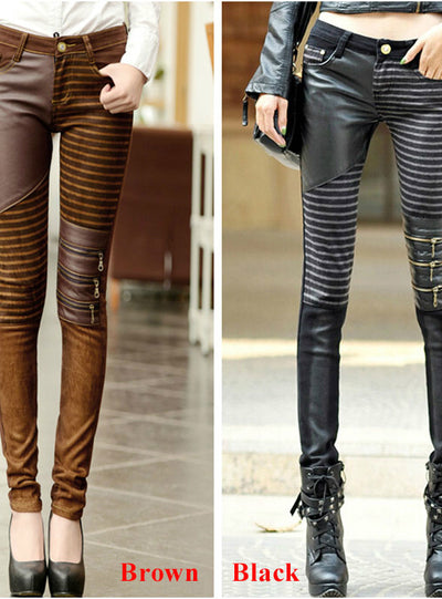 Leather Patched Elastic Low Waist Sexy Slim Pencil Pants