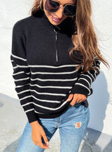 Striped Color Matching Zipper Sweater