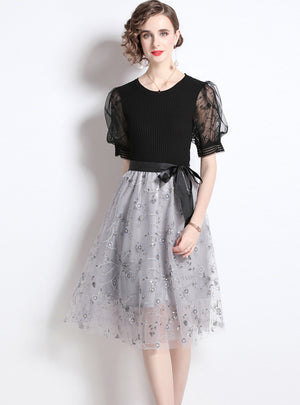 Black Mesh Embroidery Knit Stitching Dress